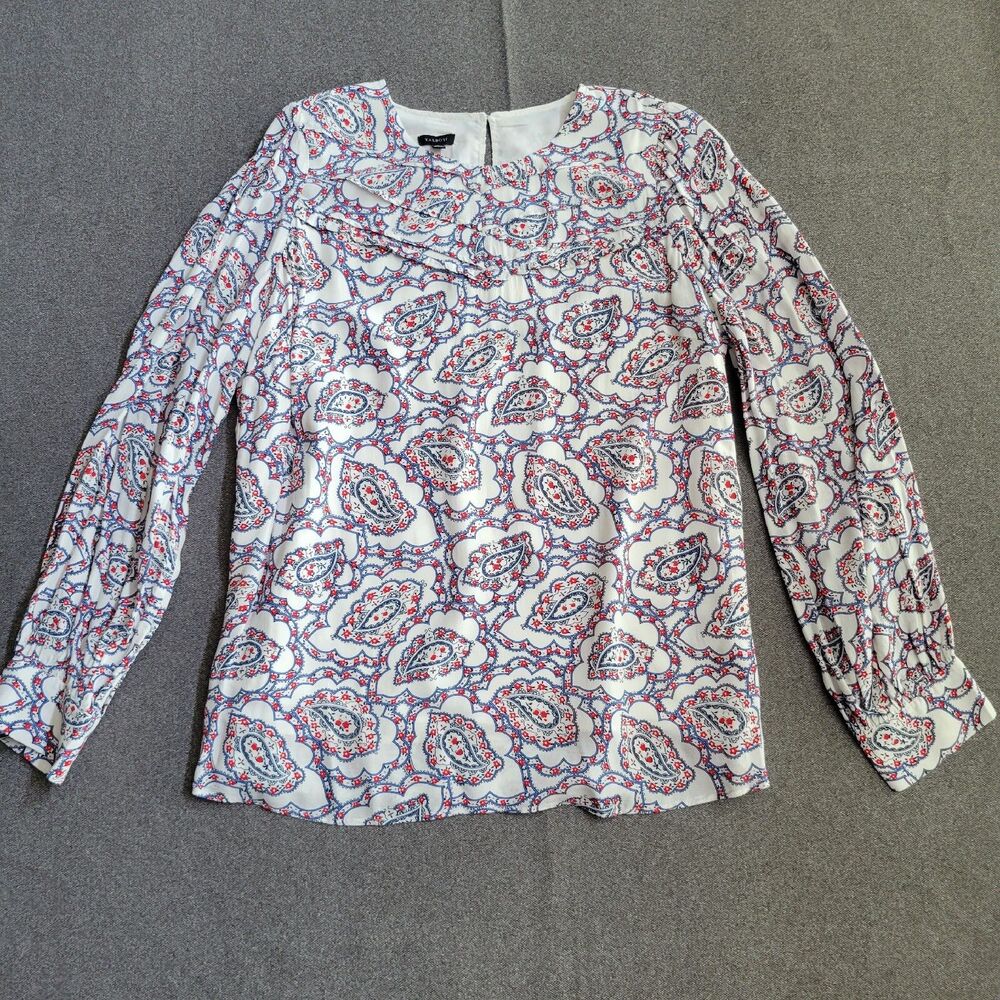 Talbots L Red White Blue Paisley Print Ruffle Long Sleeve Blouse 1533